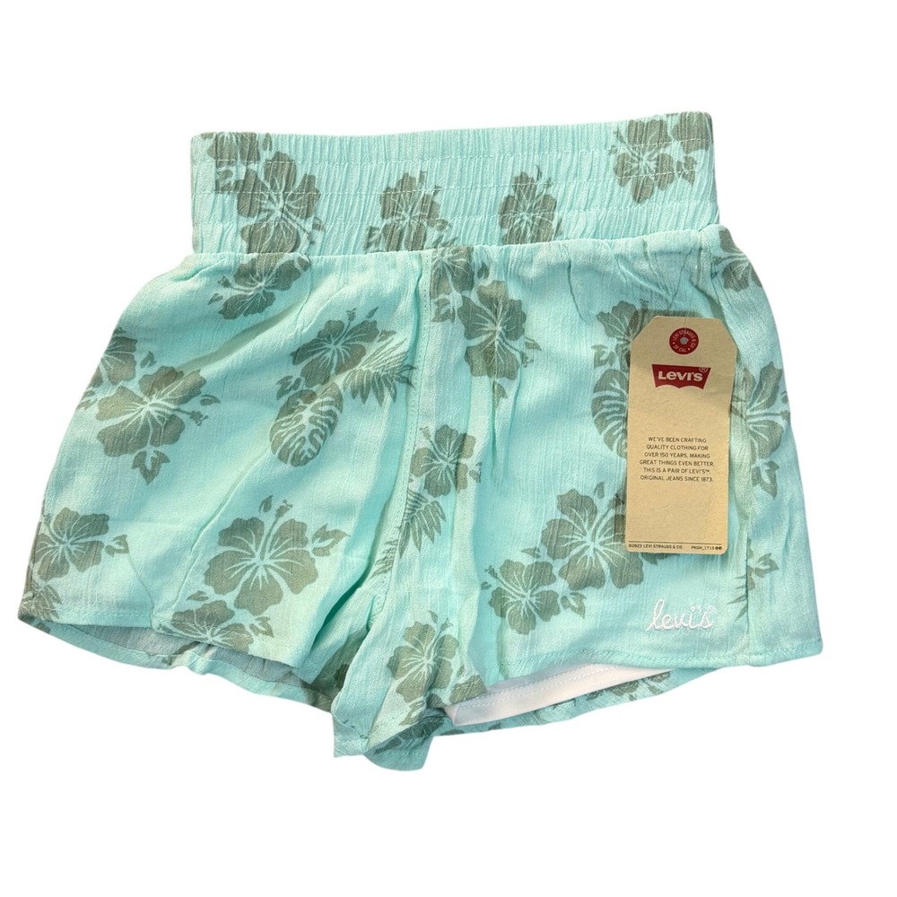 Levis Girls Size 4 Mint Green Hibiscus Floral Smocked Waist Pull‎ On Shorts NWT
